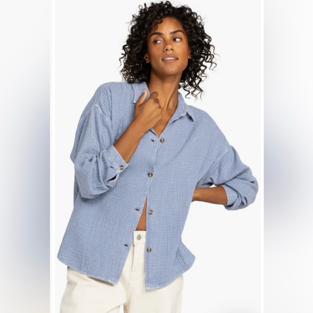 Roxy Light Blue Button-Down Indian Cotton Long Sl… - image 1